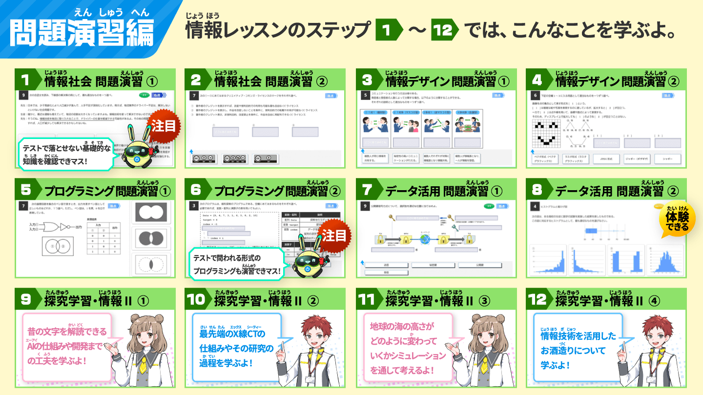 問題演習編の情報レッスンのステップ1〜12では、こんなことを学ぶよ。