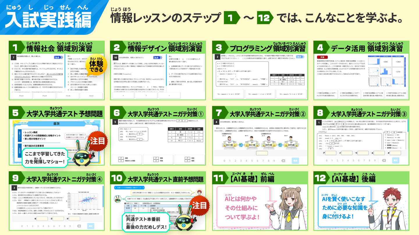 入試実践編の情報レッスンのステップ1〜12では、こんなことを学ぶよ。